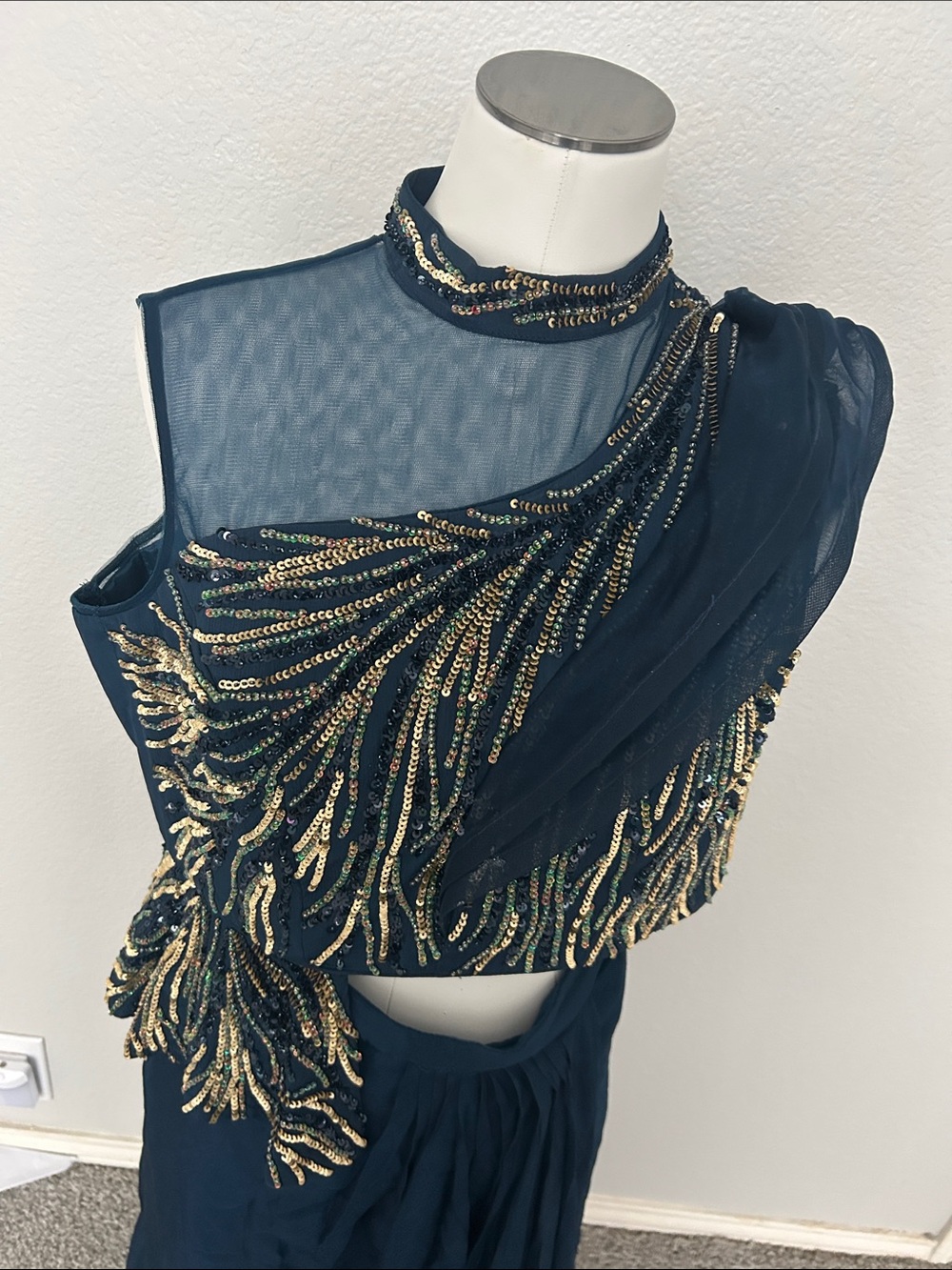 Lehenga choli  teal green sleeveless blouse gold sequins and bead work scarf